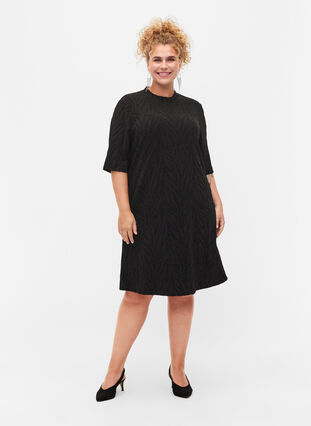 Gemustertes Kleid mit Glitzer und kurzen Ärmeln, Black/Black Lurex, Model image number 2
