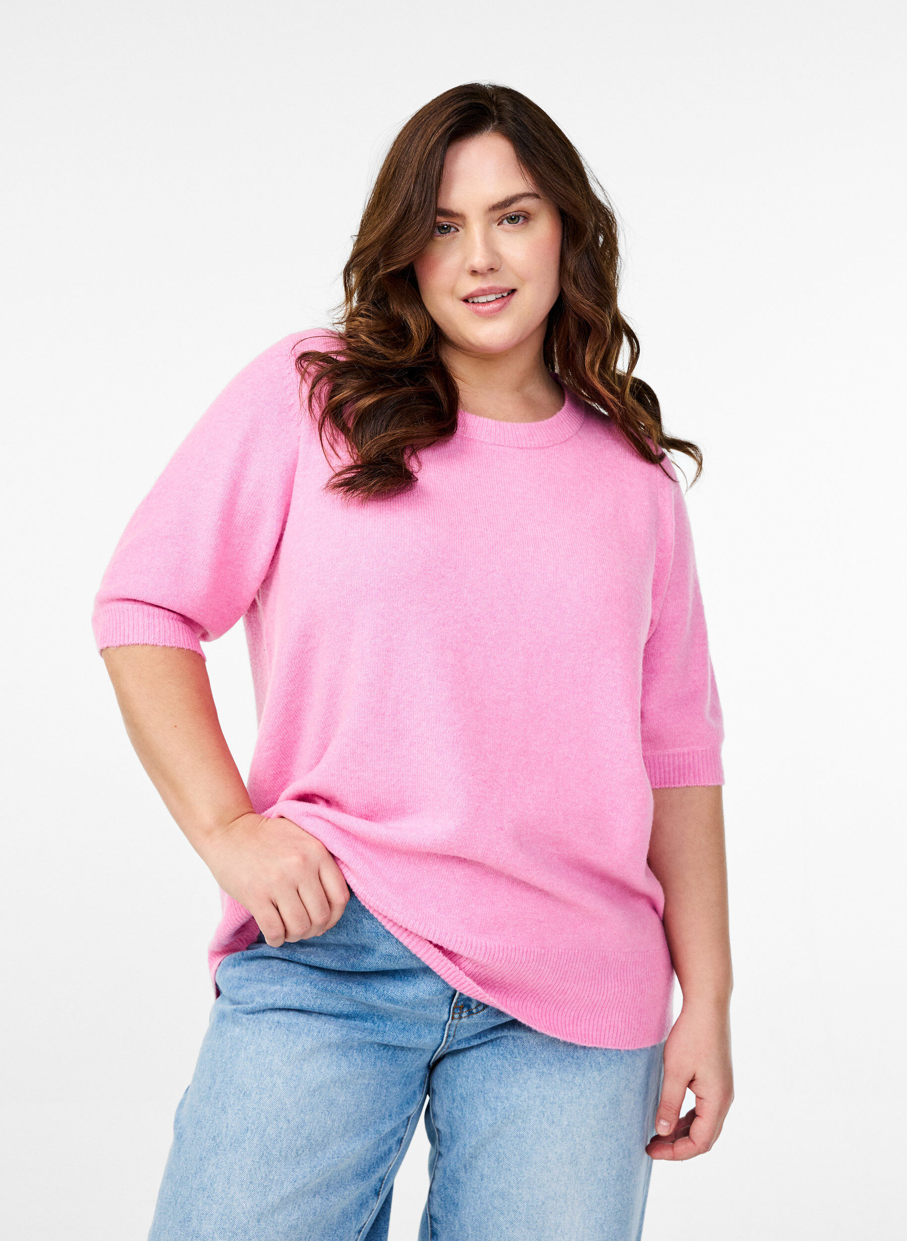 Zizzi Strickbluse mit kurzen &Auml;rmeln, Pink, Model image number 0