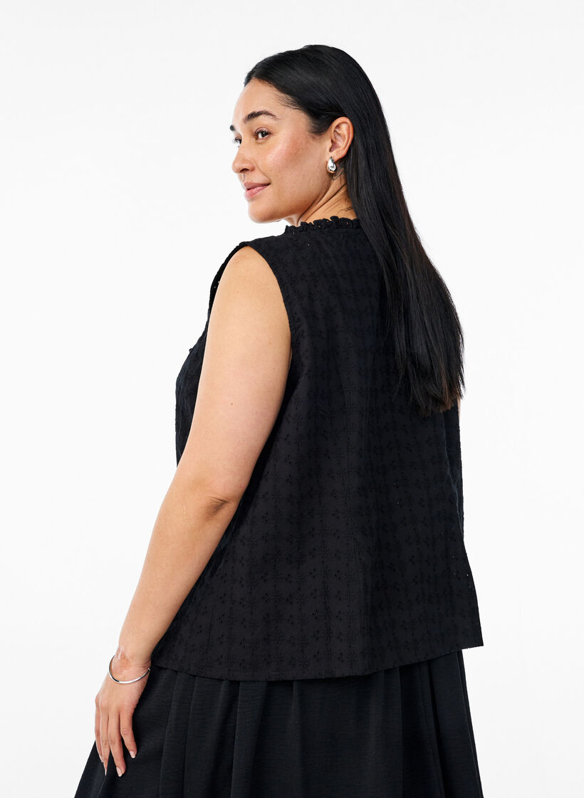 Ärmellose Bluse mit Lochstickerei und Rüschen, Schwarz, Model image number 2