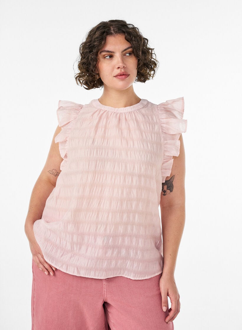 &Auml;rmellose Bluse mit Struktur und R&uuml;schen, Rot, Model image number 0