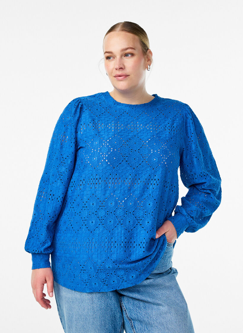 Langärmelige Bluse mit Lochstickerei, Blau, Model image number 0