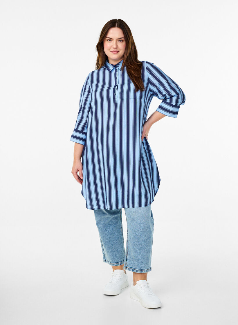 Kleid mit Kragen und Brusttasche, Blau, Model image number 1