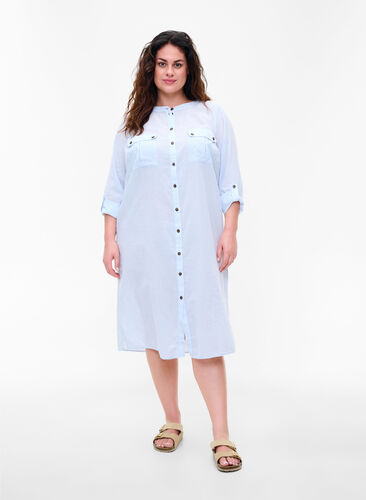 Langes gestreiftes Hemdkleid aus Baumwolle, Blue Stripe, Model image number 0