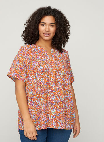 Bluse mit kurzen Ärmeln und V-Ausschnitt, Orange Flower AOP, Model image number 0