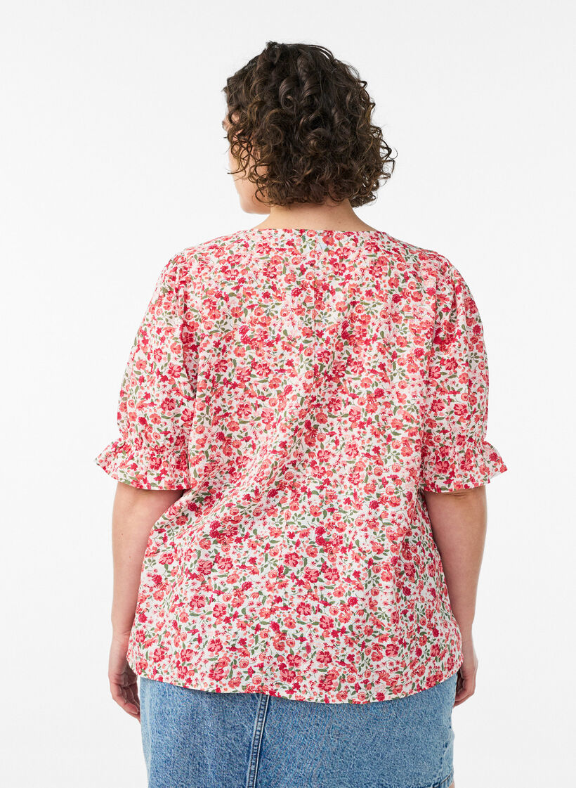 Baumwollbluse mit eckigem Ausschnitt, Rot, Model image number 2