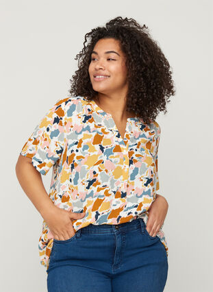 Bluse mit kurzen Ärmeln und V-Ausschnitt, Multicolor AOP, Model image number 0