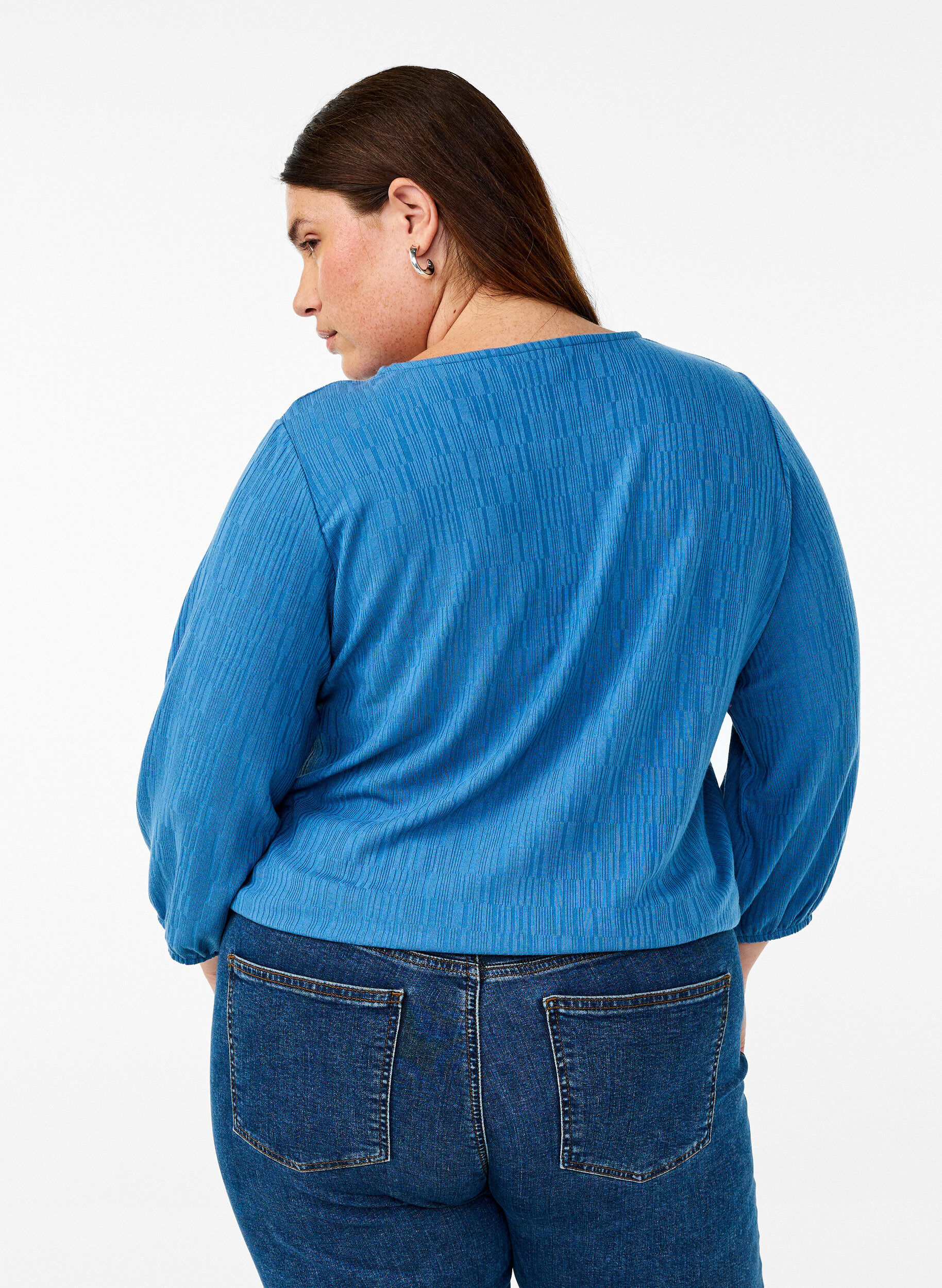 Zizzi Bluse mit Struktur und 3/4-&Auml;rmeln, Blau, Model image number 2