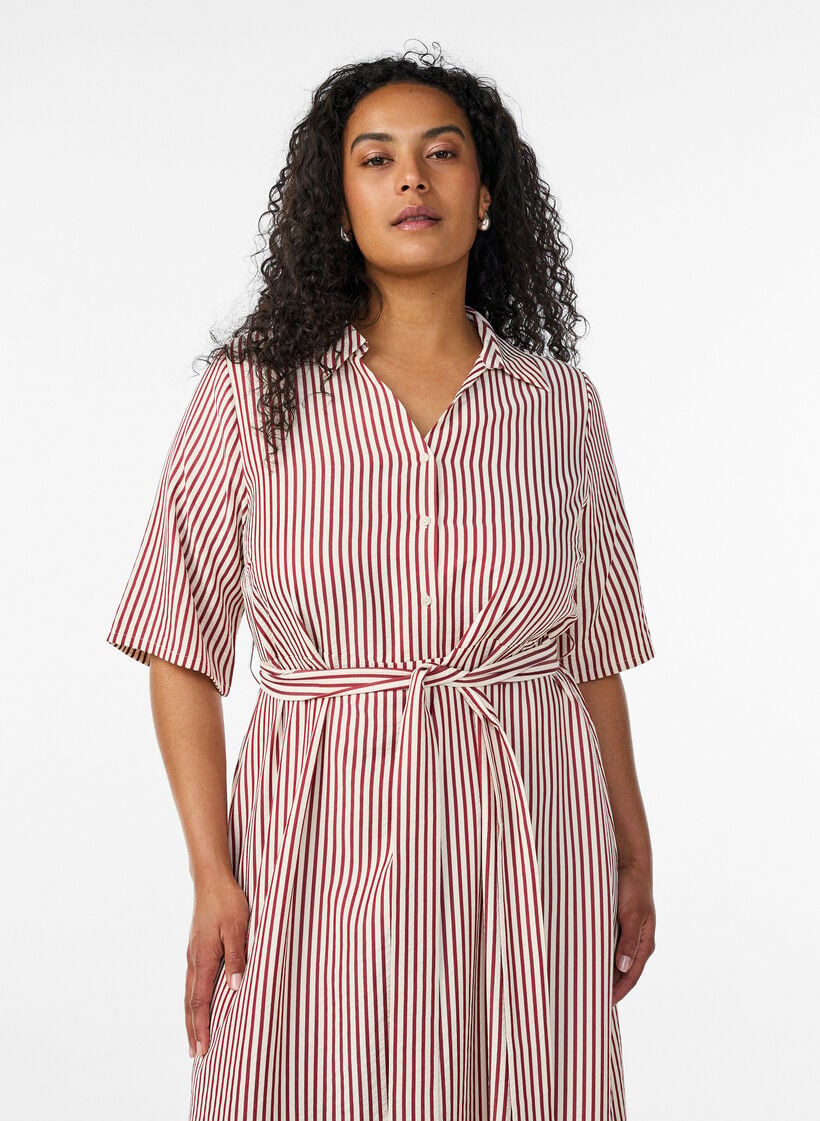 Kn&ouml;chellanges Hemdblusenkleid mit Bindeg&uuml;rtel und Streifen, Rot, Model image number 2