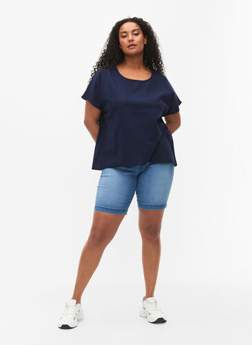 Kurzärmelige Bluse aus Baumwollmischung mit Leinen, Navy Blazer, Model image number 2