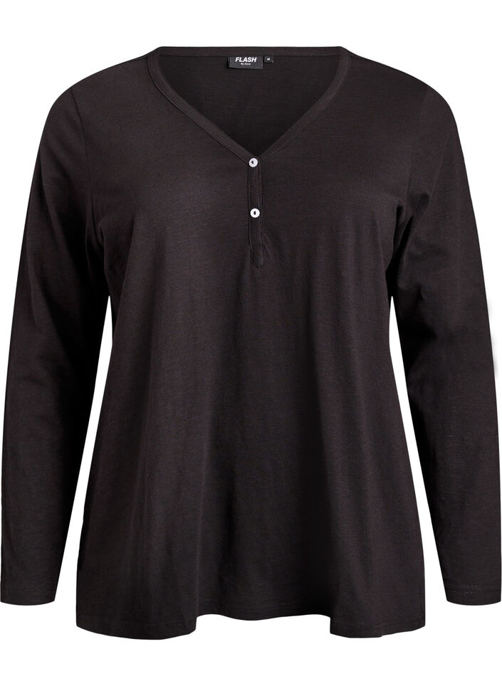 Langarmshirt mit V-Ausschnitt und Kn&ouml;pfen, Schwarz, Packshot image number 0