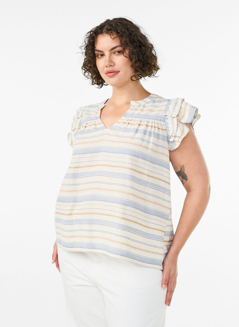 &Auml;rmellose Bluse mit R&uuml;schen und gemusterten Streifen, Vanille, Model image number 0