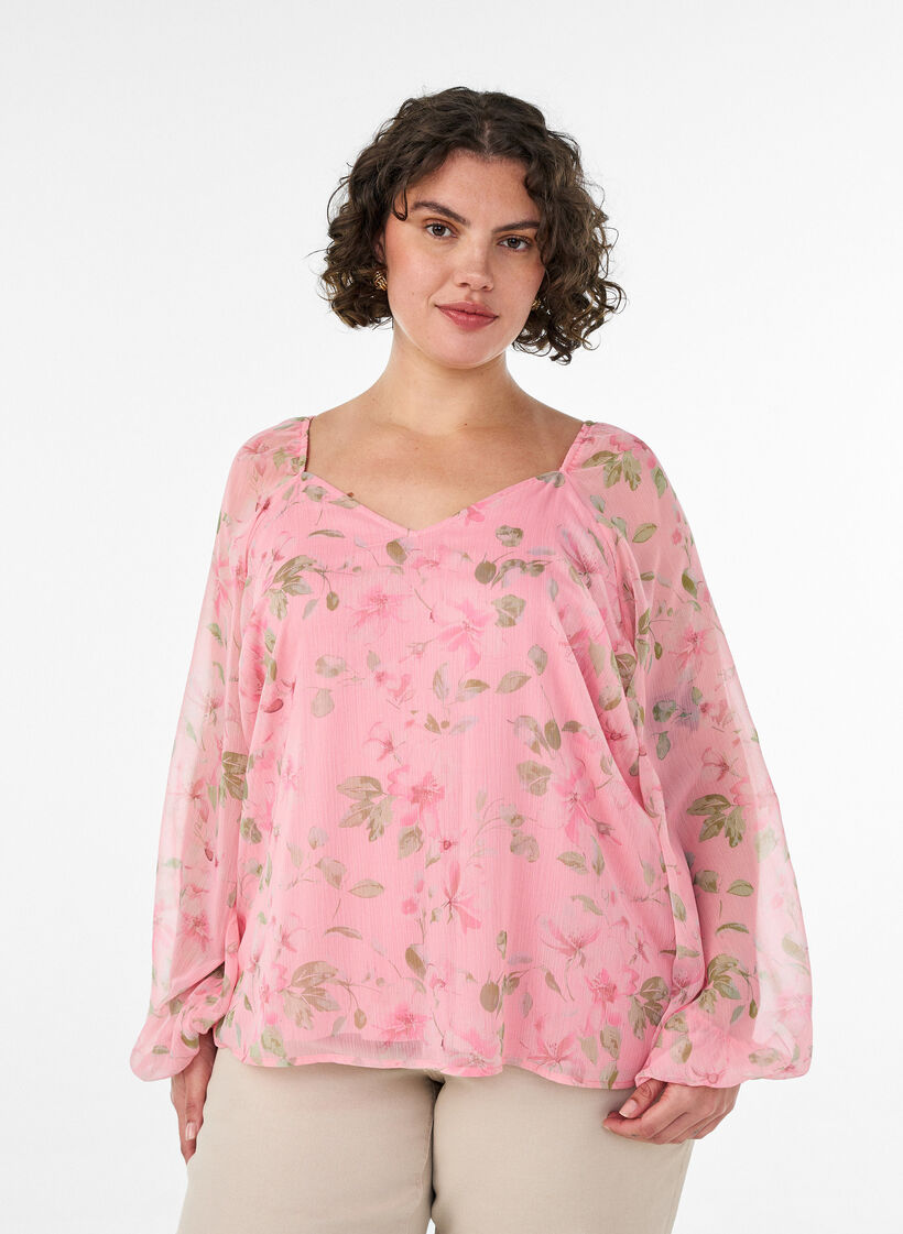 Bluse aus Chiffon mit gebl&uuml;mtem Print und langen &Auml;rmeln, Rot, Model image number 0