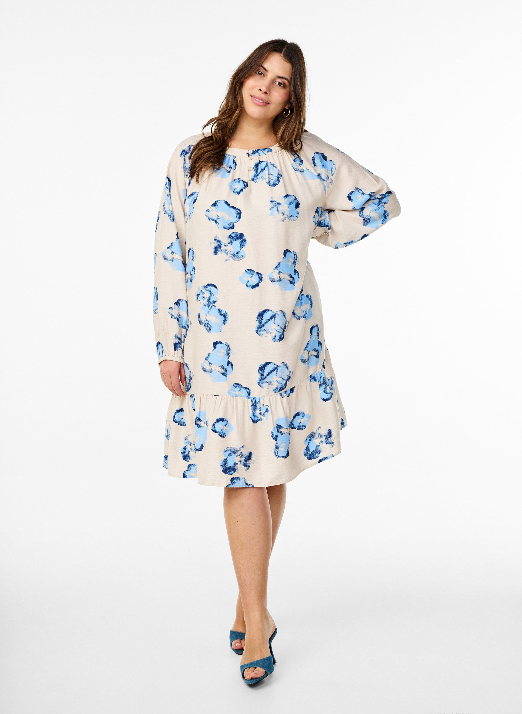 Zizzi Midikleid mit langen &Auml;rmeln und A-Linie, Vanille, Model image number 1