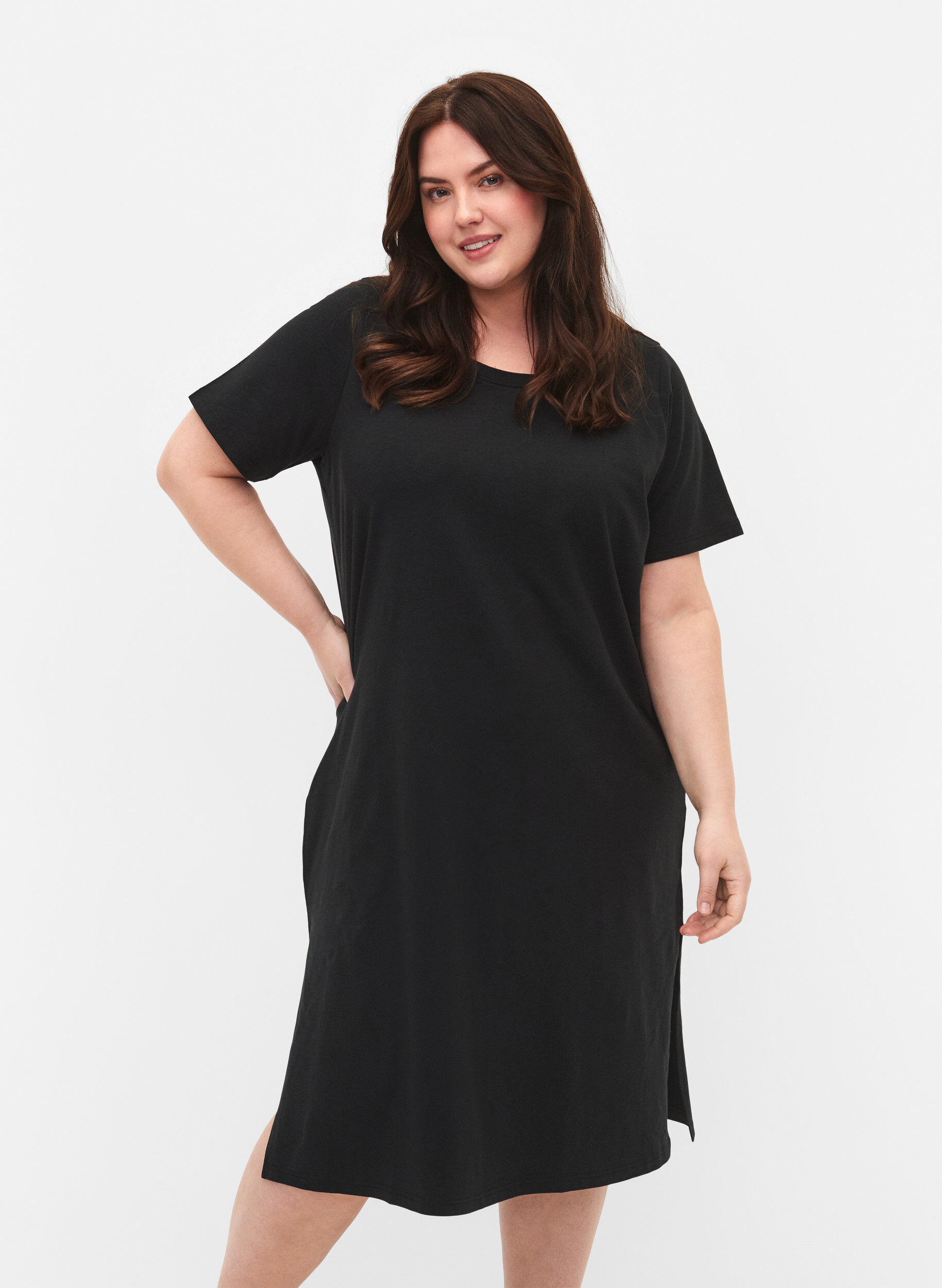 Zizzi Baumwollkleid mit kurzen &Auml;rmeln, Black, Model image number 0
