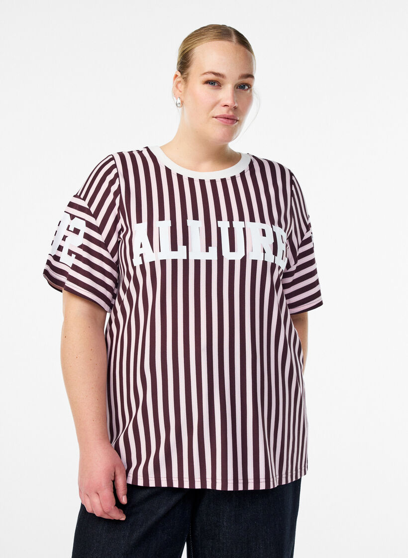 T-Shirt mit Streifen und sportlichem Print, Dunkles Bordeaux, Model image number 0