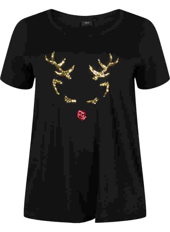Weihnachts-T-Shirt aus Baumwolle, Black Reindeer, Packshot image number 0