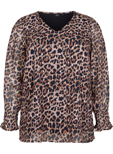 Leo-Bluse mit langen Ärmeln und V-Ausschnitt, Leopard AOP, Packshot image number 0