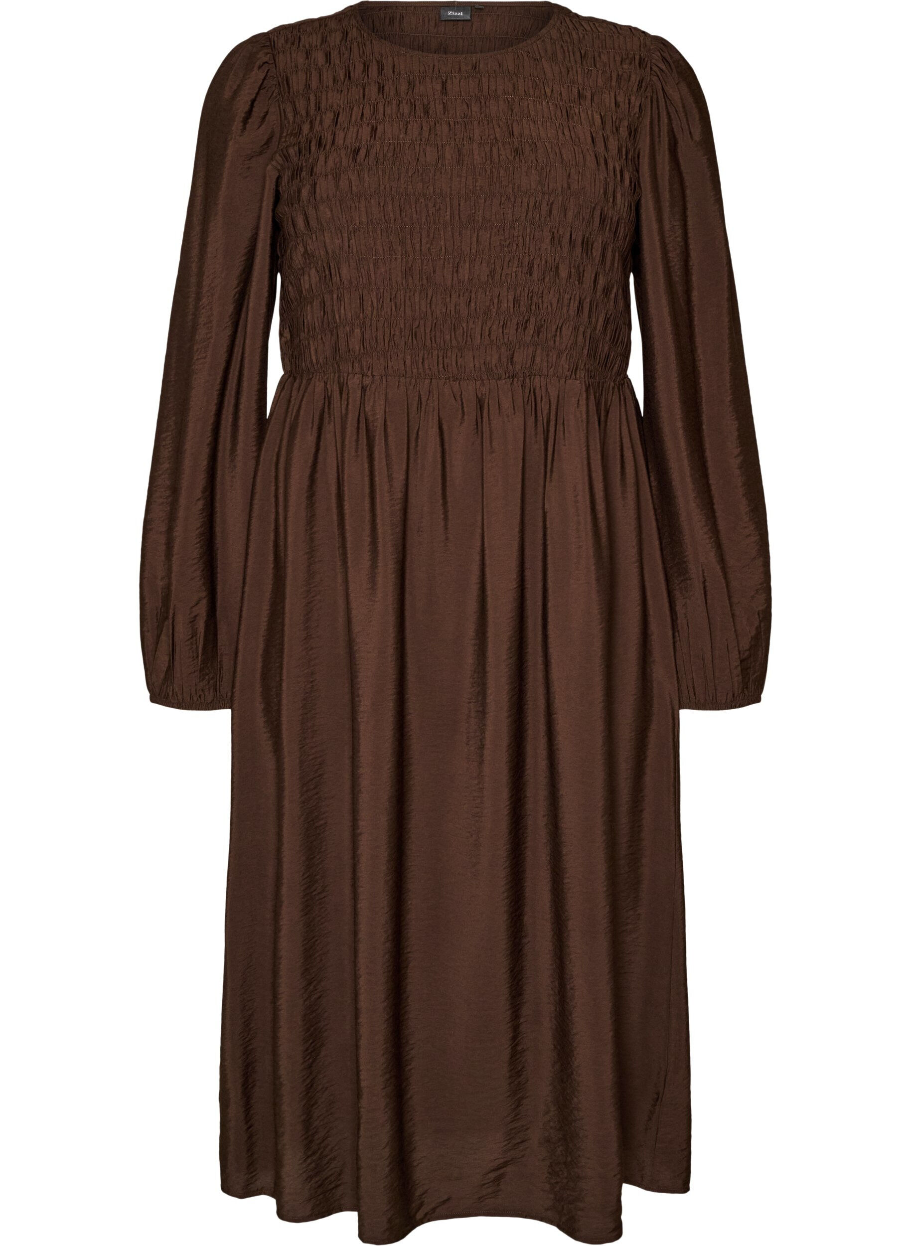 ZizziMidikleid aus Viskose mit Smock, Braun, Packshot image number 0