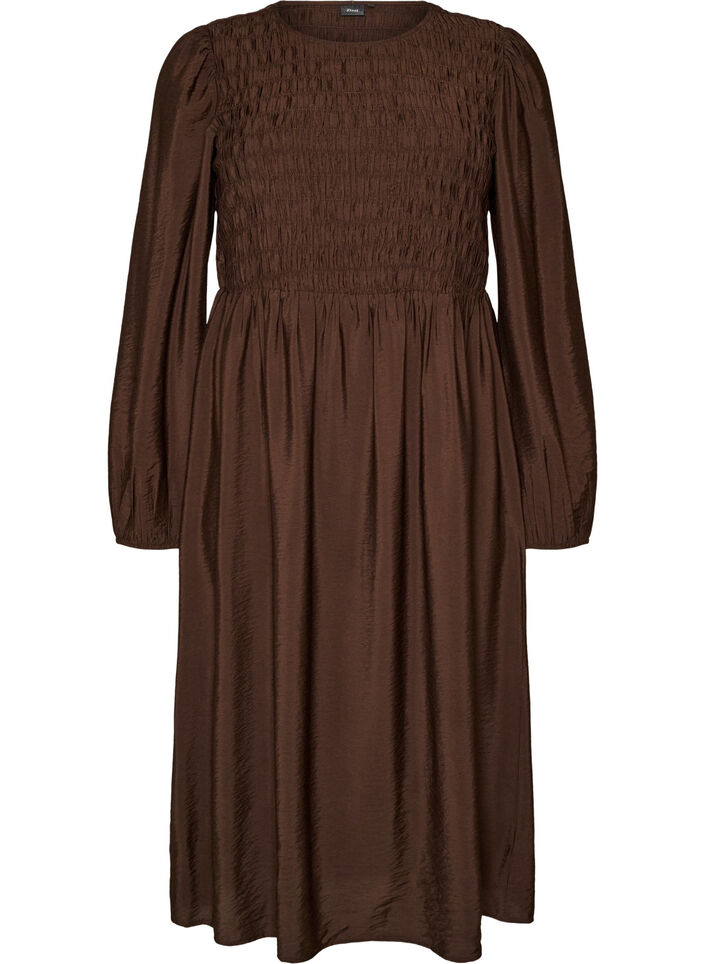Midikleid aus Viskose mit Smock, Braun, Packshot image number 0