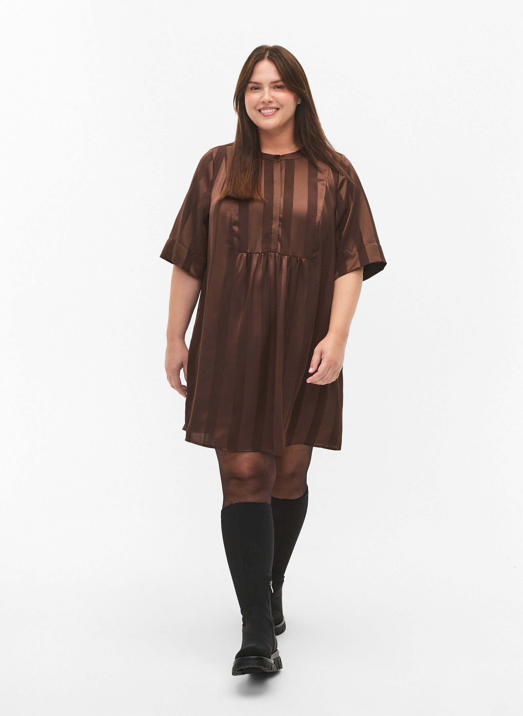 Zizzi A-Linien-Kleid mit Streifen und 1/2-&Auml;rmeln, Chestnut, Model image number 2