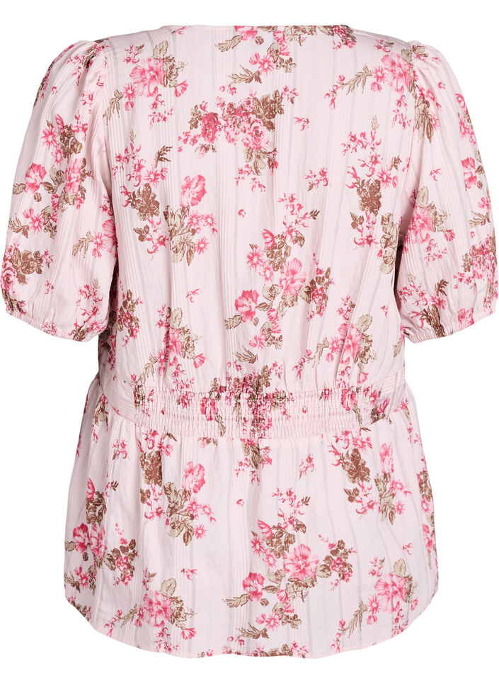 Geblümte Bluse mit kurzen Ärmeln und geraffter Taille, Pink, Packshot image number 1