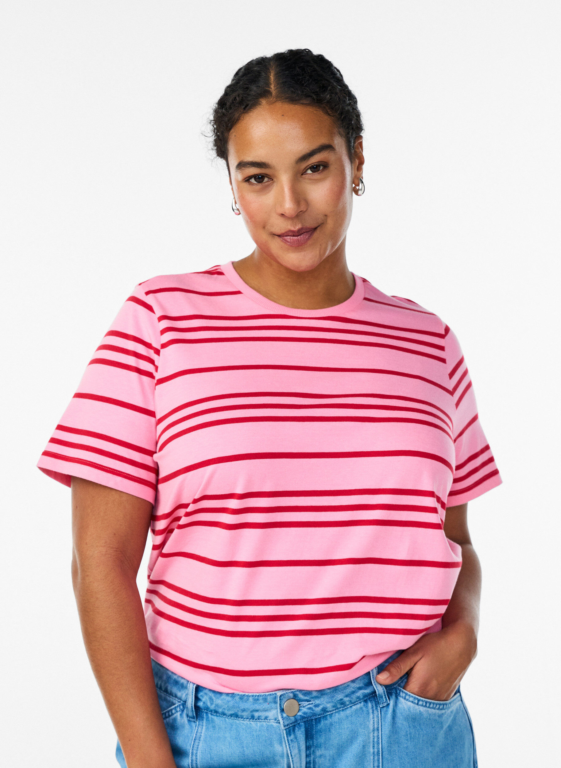Zizzi Gestreiftes T-Shirt aus Baumwolle, Pink, Model image number 0