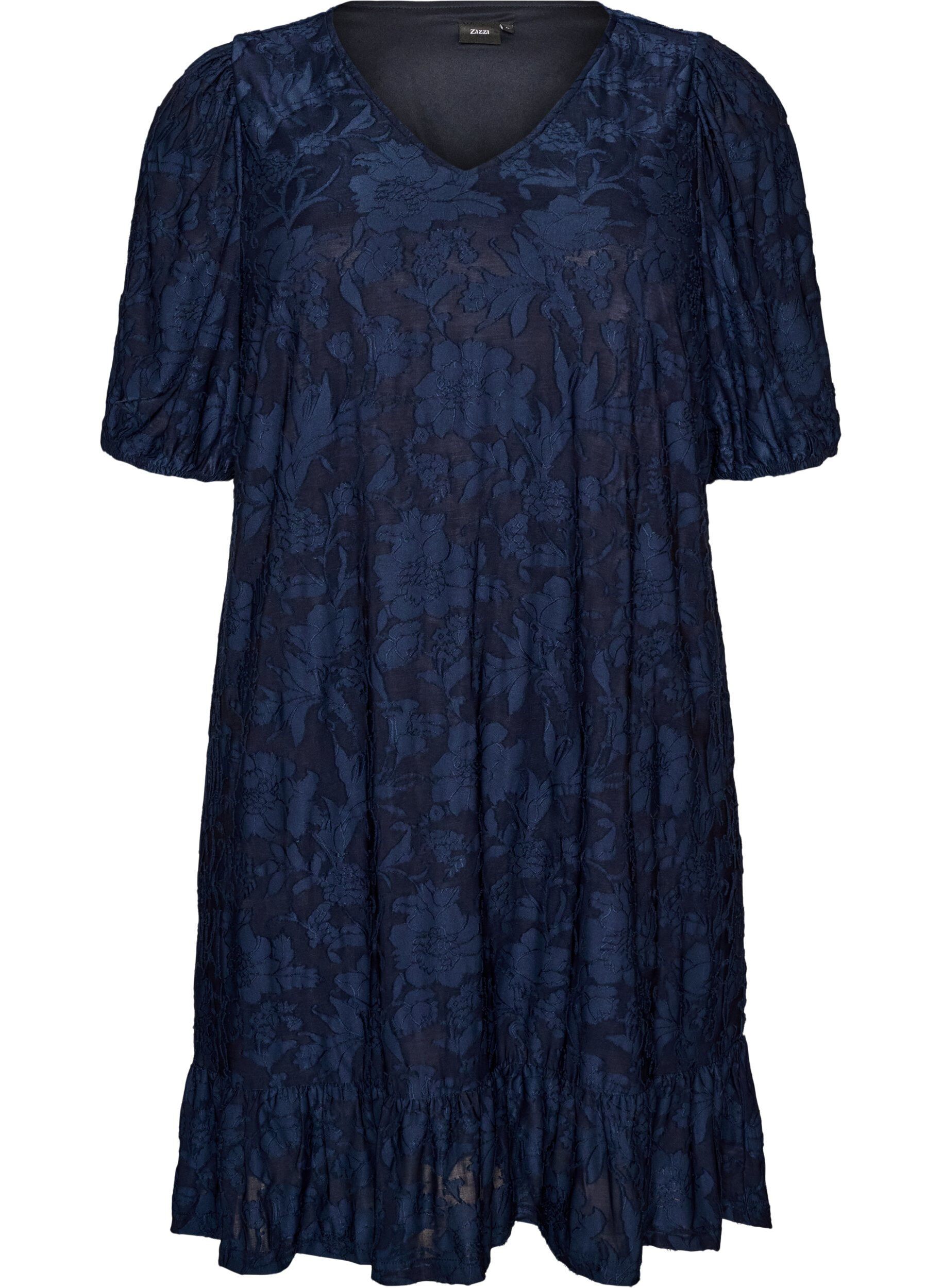 ZizziKleid mit floraler Struktur und R&uuml;schenbesatz, Blau, Packshot image number 0