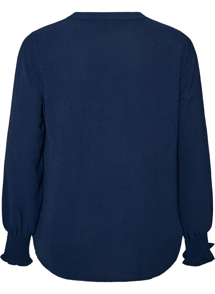 Bluse mit Smockb&uuml;ndchen und V-Ausschnitt, Blau, Packshot image number 1