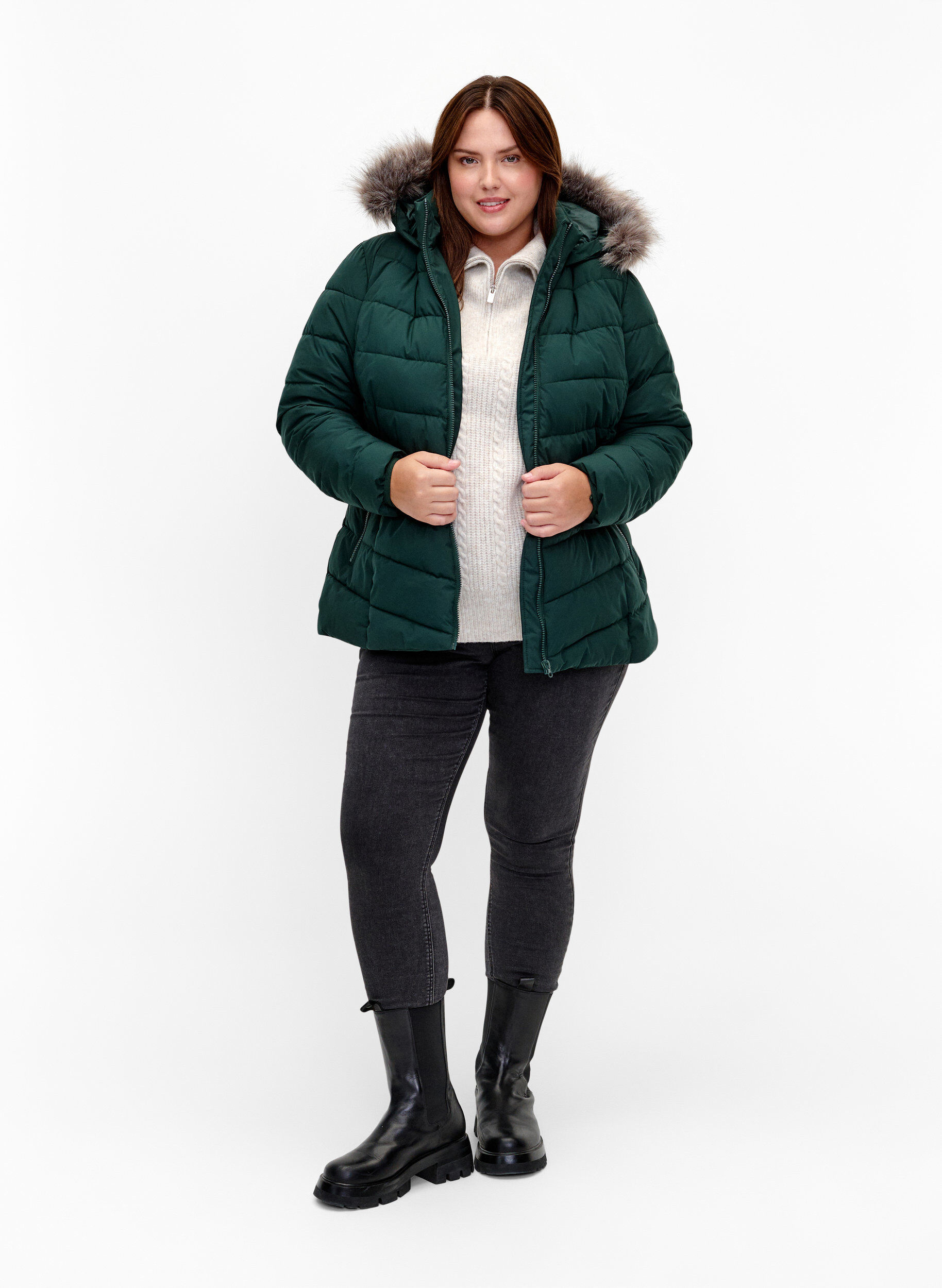 Zizzi Kurze Steppjacke mit Kapuze, Gr&uuml;n, Model image number 1