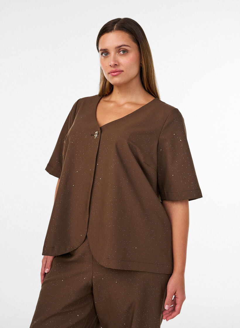 Bluse mit Glitzer und V-Ausschnitt, Braun, Model image number 0