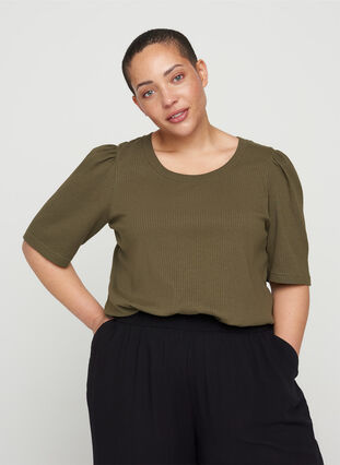 T-Shirt mit Ripp und kurzen Puffärmeln, Ivy Green, Model image number 0