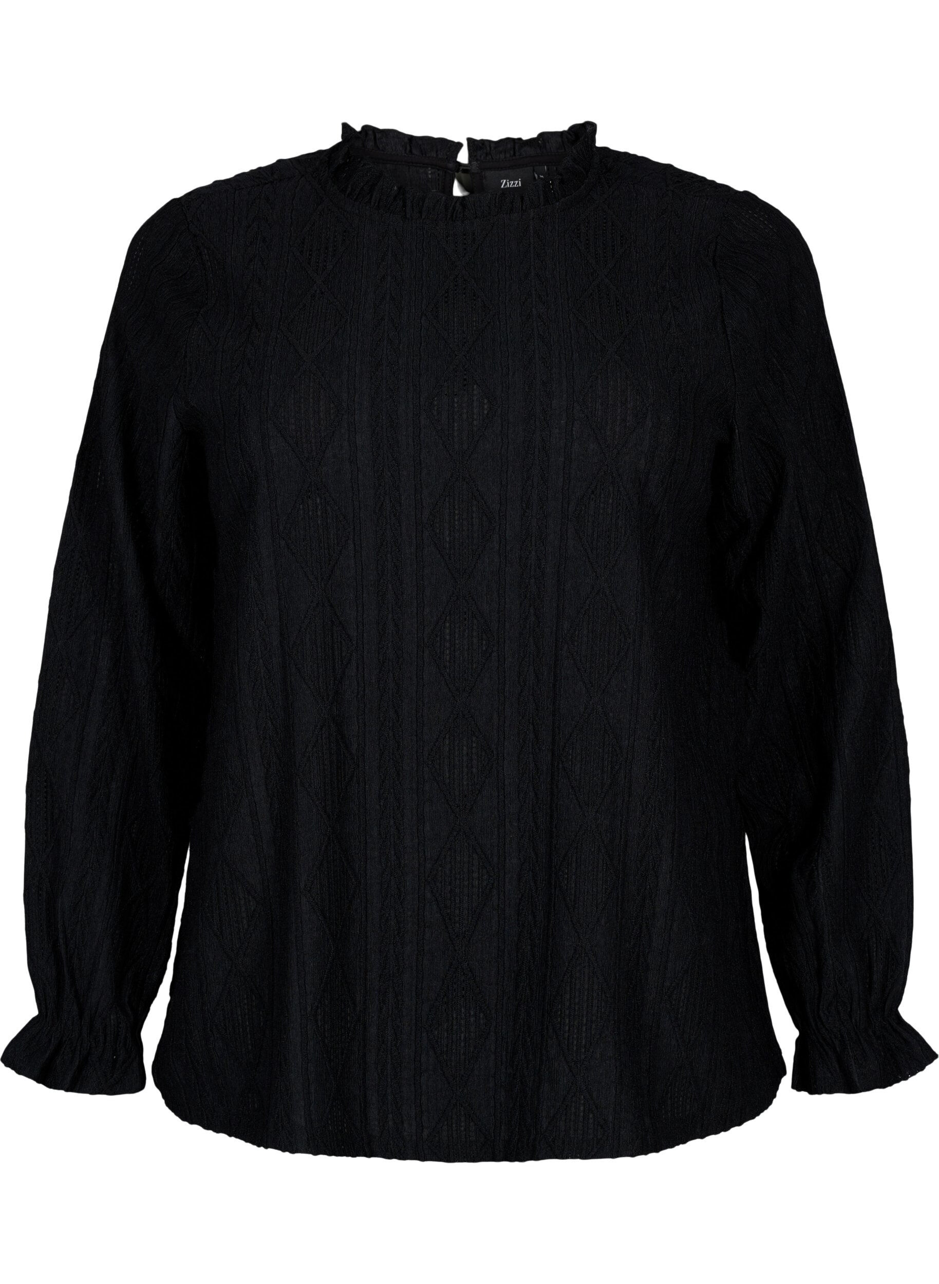Zizzi Bluse mit R&uuml;schendetails und einem Ton in Ton gehaltenen Muster, Black, Packshot image number 0