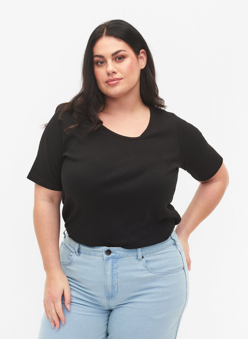 Kurzärmelige Bluse aus gerippter Baumwolle, Black, Model image number 0