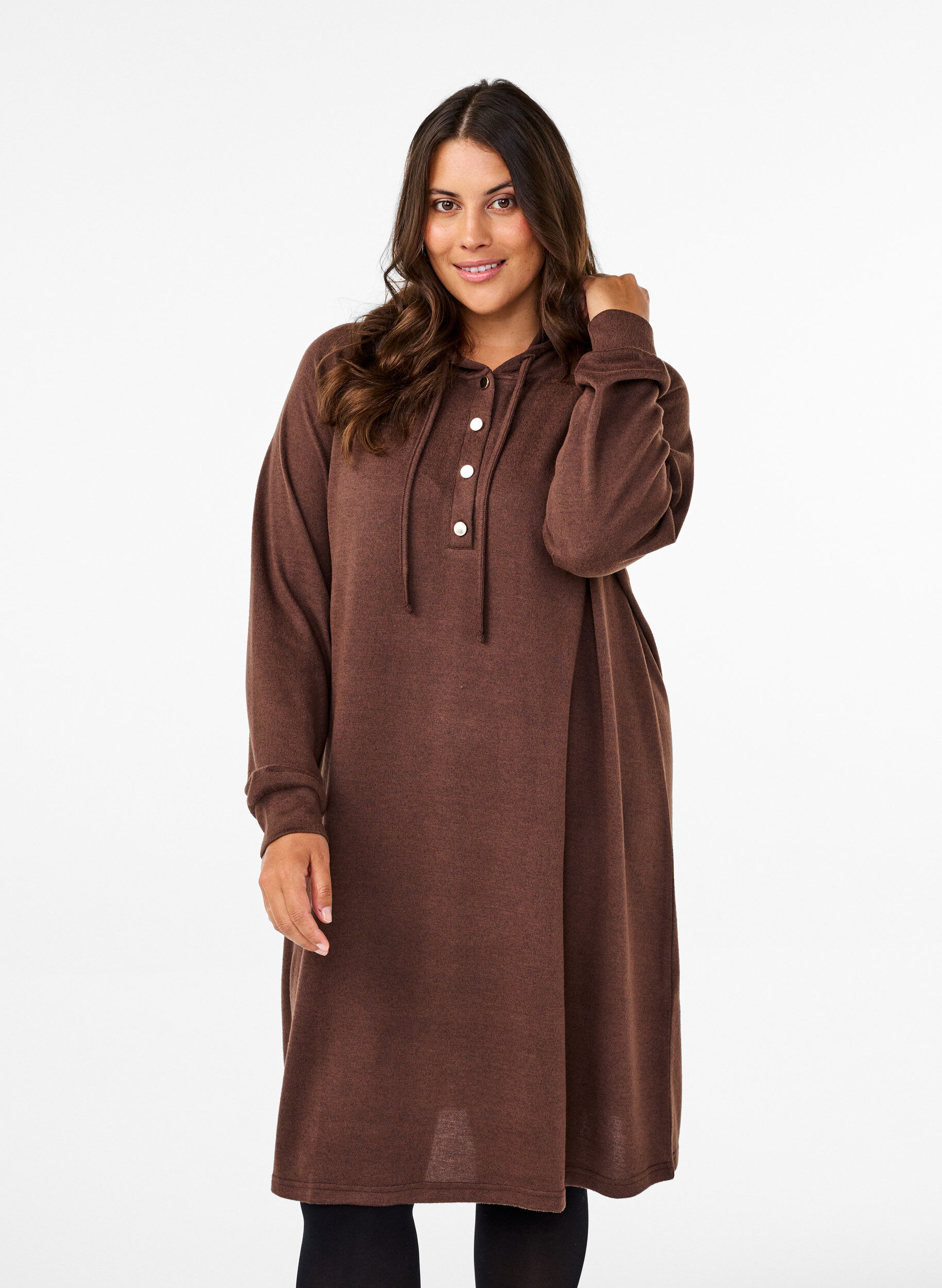 Zizzi Langarm-Sweatkleid mit Kapuze, Chocolate M. M&eacute;l., Model image number 0