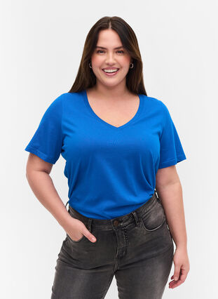 T-Shirt aus Bio-Baumwolle mit V-Ausschnitt, Princess Blue, Model image number 0