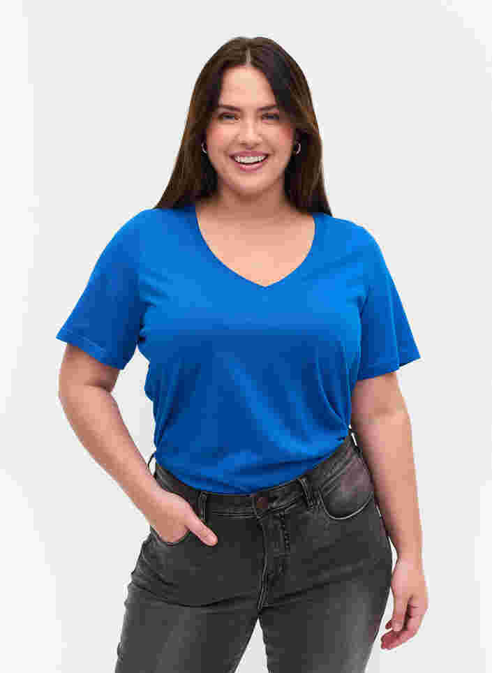 T-Shirt aus Bio-Baumwolle mit V-Ausschnitt, Princess Blue, Model image number 0