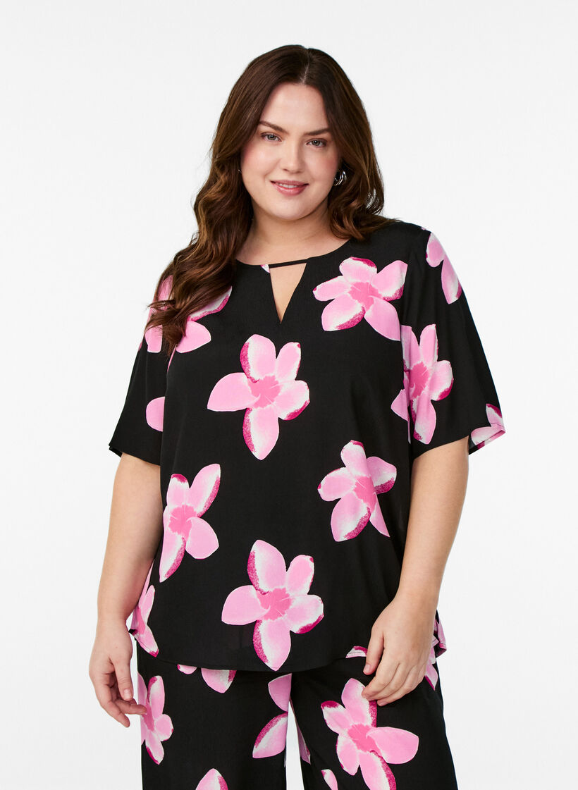 Bluse mit Druck, Schwarz, Model image number 0