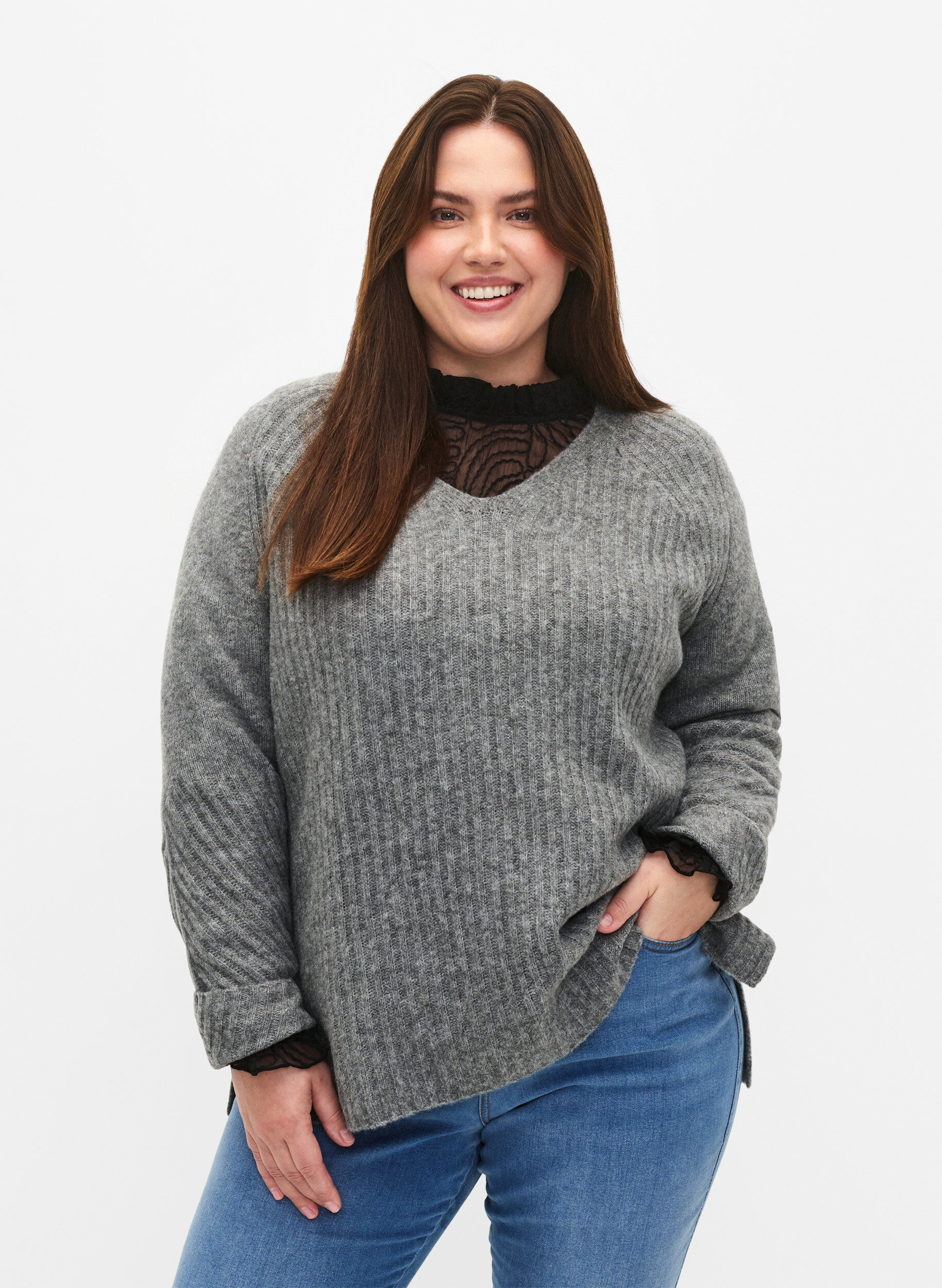 Zizzi Strickpullover mit Schlitz, Light Grey Melange, Model image number 0