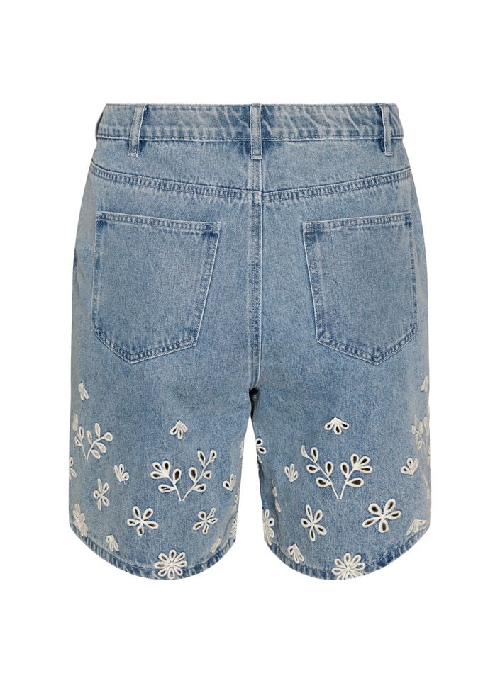 Jeansshorts mit Lochstickerei und hoher Taille, Blau, Packshot image number 1