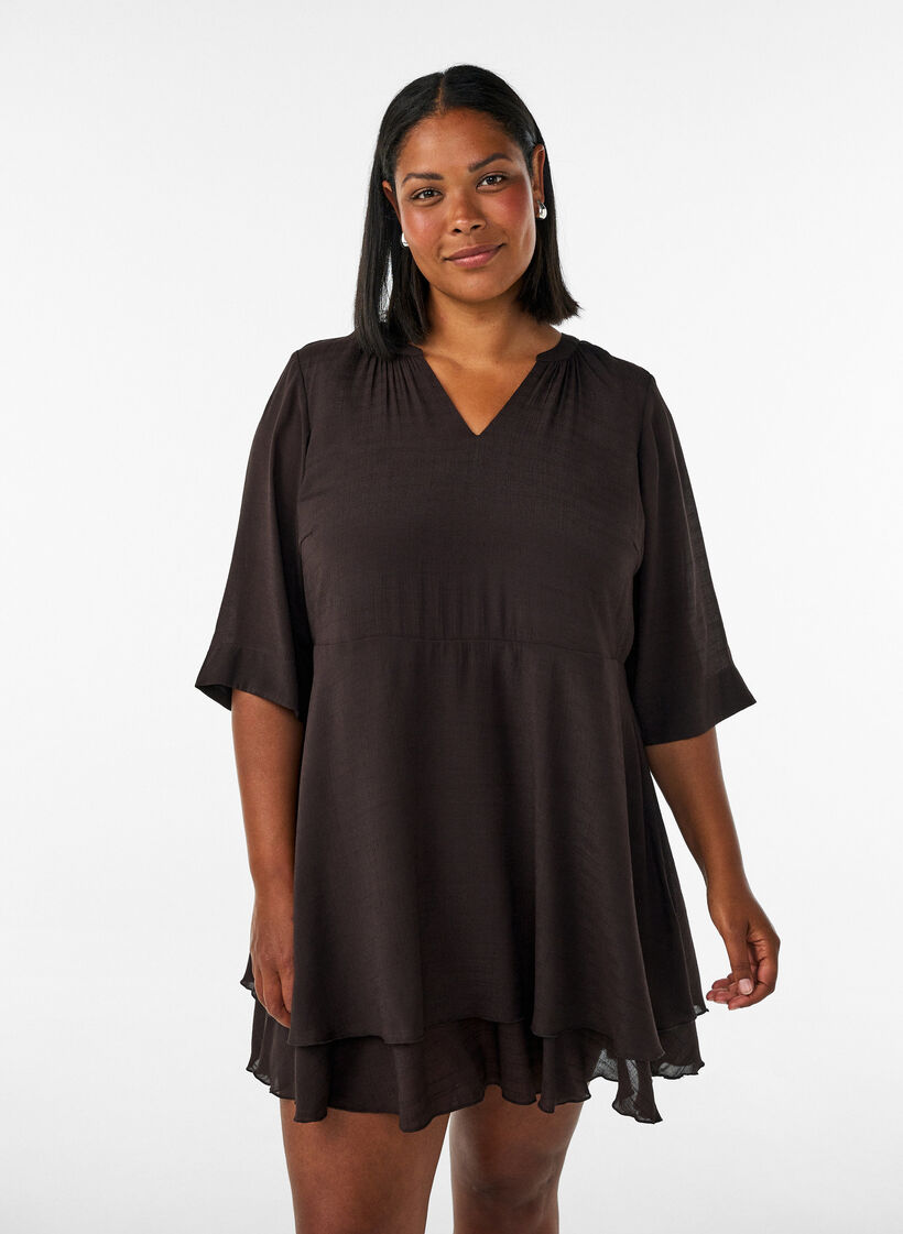 A-Linien-Kleid mit gestuften R&uuml;schen, Braun, Model image number 0