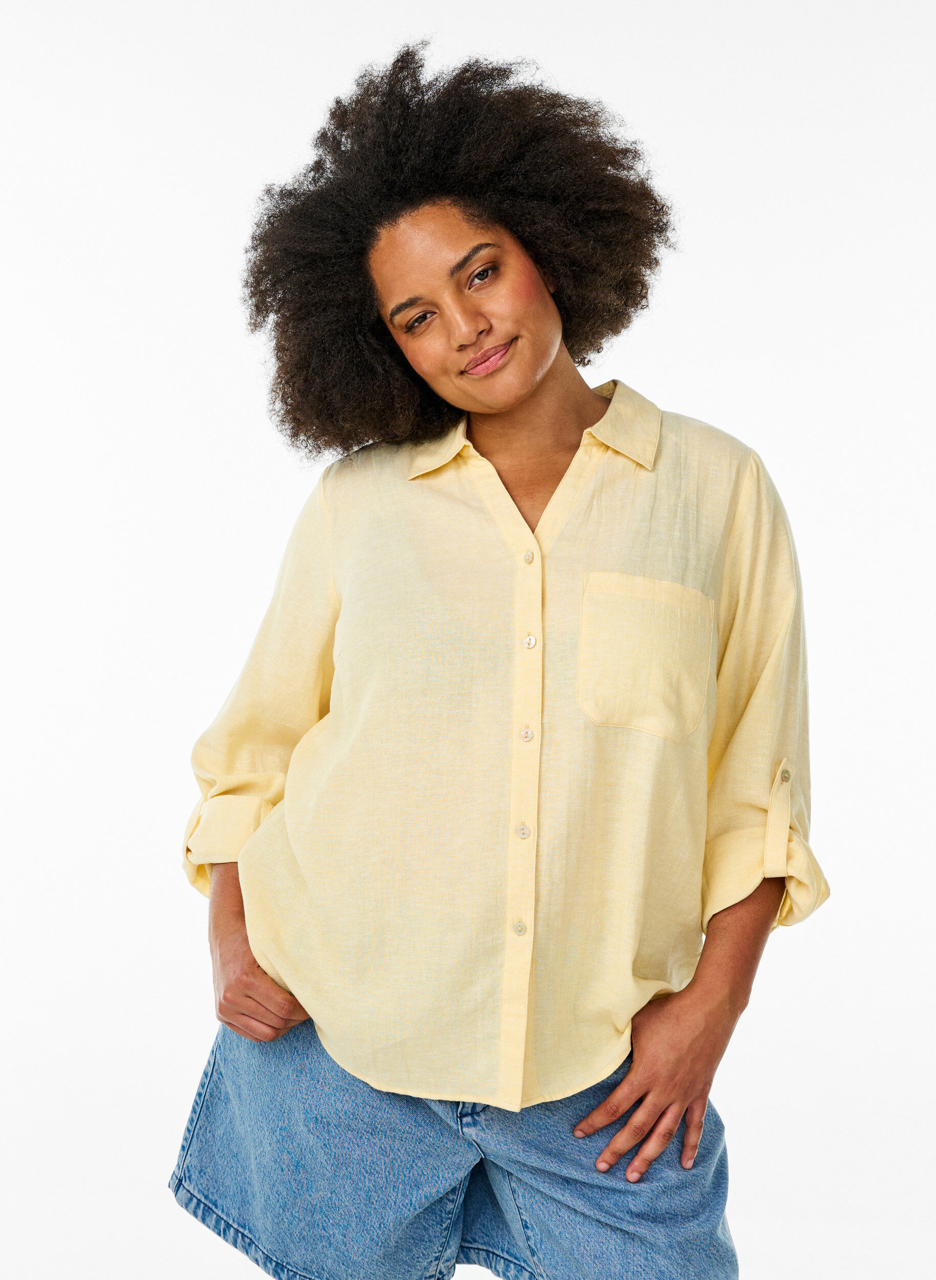 ZizziBluse aus Leinen und Viskose mit 3/4-&Auml;rmeln, Gelb, Model image number 0