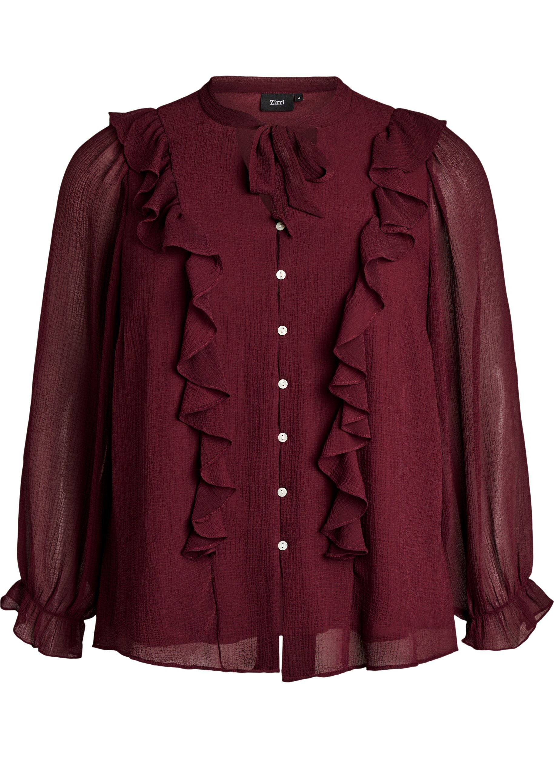 ZizziTransparente Bluse mit R&uuml;schen und Bindeband, Rot, Packshot image number 0
