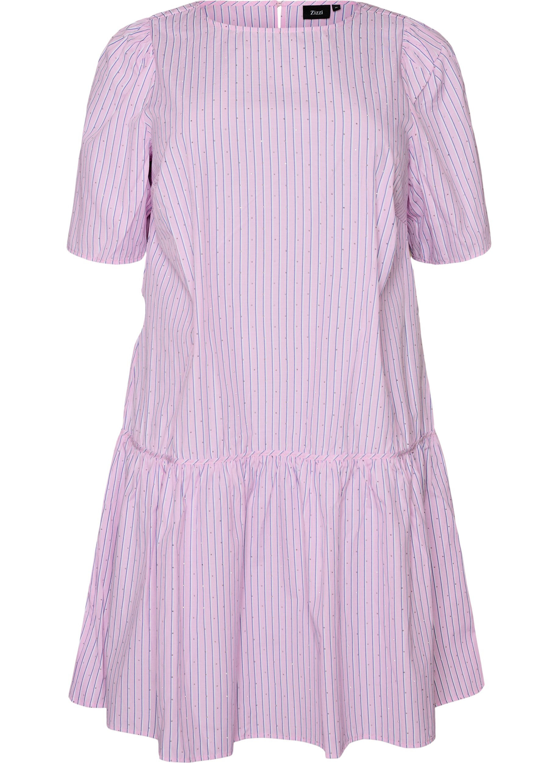 Zizzi Knielanges gestreiftes Kleid mit Steinen und Puff&auml;rmeln, Pink, Packshot image number 0