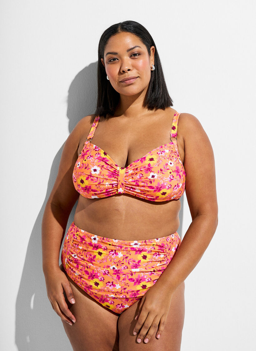 Hoch taillierte Bikinihosen mit Muster, Orange, Model image number 0