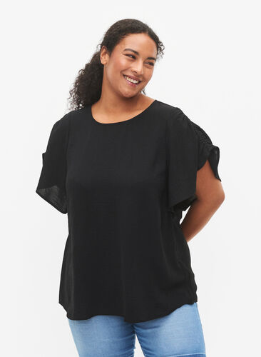 Kurzärmelige Bluse mit Falten, Black, Model image number 0