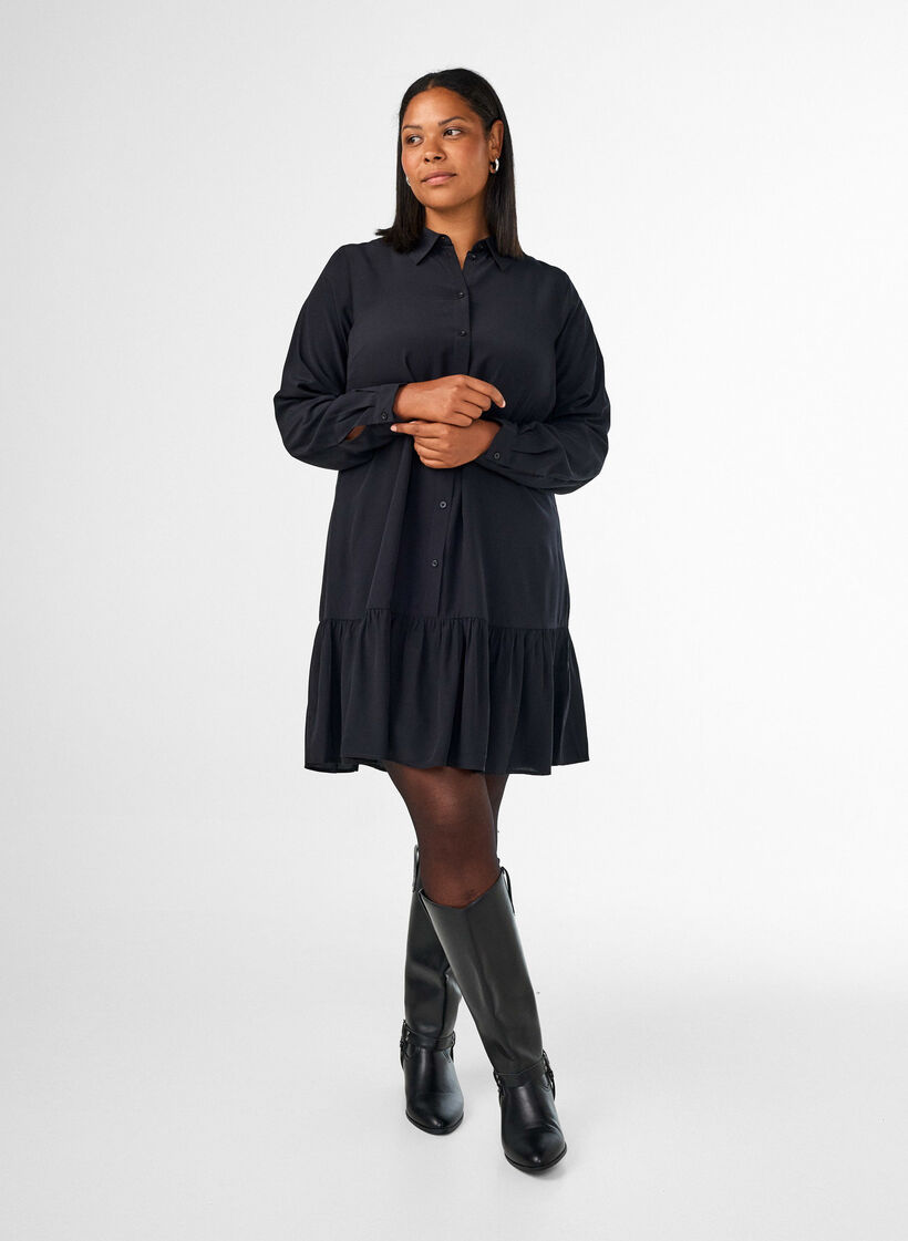 Kurzes Hemdblusenkleid mit R&uuml;schenvolant, Schwarz, Model image number 1