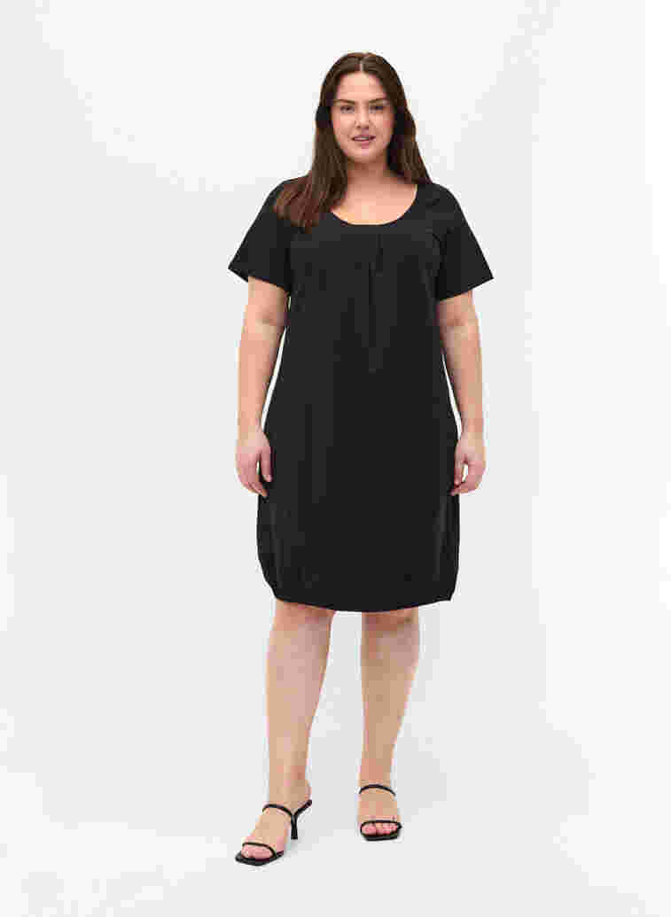 Baumwollkleid mit Rundhalsausschnitt und kurzen Ärmeln, Black, Model image number 2