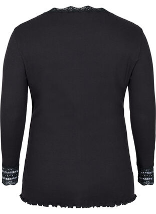 Langarm Bluse mit Rippmuster und Spitzendetails, Black, Packshot image number 1