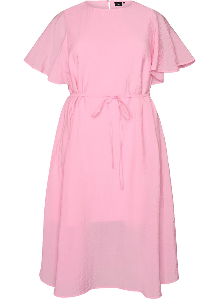 Kn&ouml;chellanges Kleid mit Fl&uuml;gel&auml;rmeln und Bindeg&uuml;rtel, Pink, Packshot