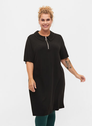 Kurzärmeliges Kleid mit Kragen und Reißverschluss, Black, Model image number 0